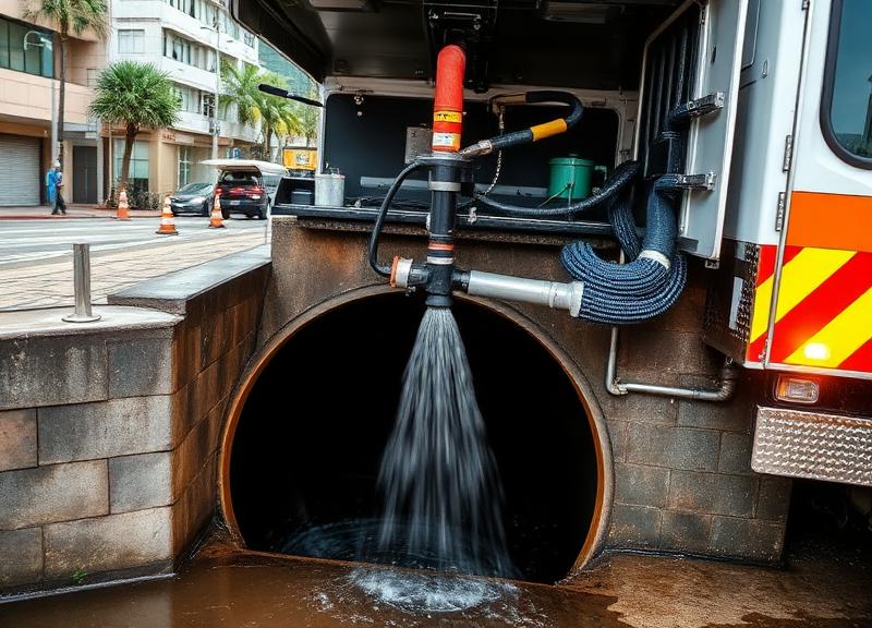 Caminhão de hidrojateamento limpando rede de esgoto na Vila Madalena